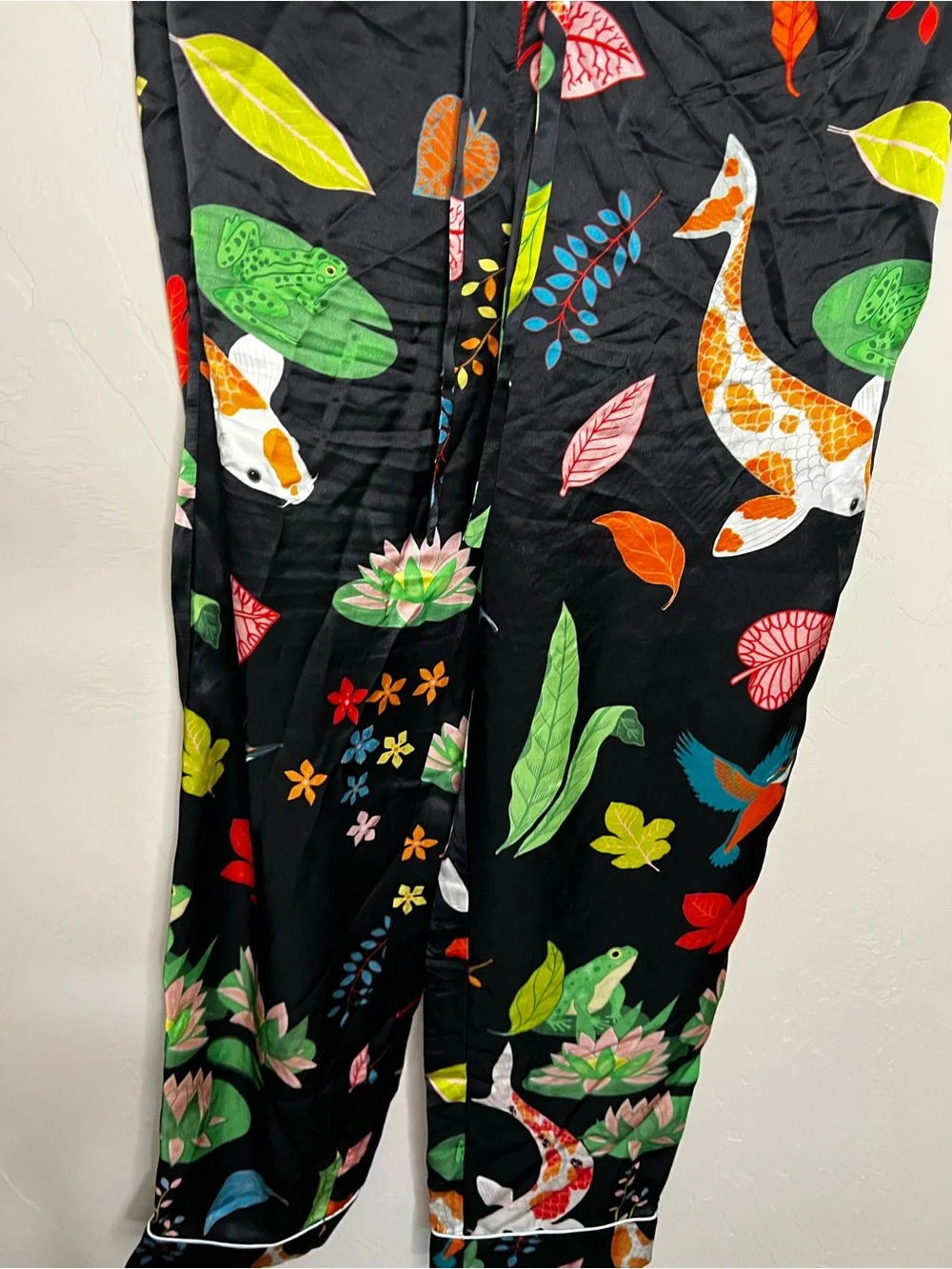 Karen Mabon 100% Silk Black Botanical Koi Fish Bird Luxury 2 Piece Pajama Set